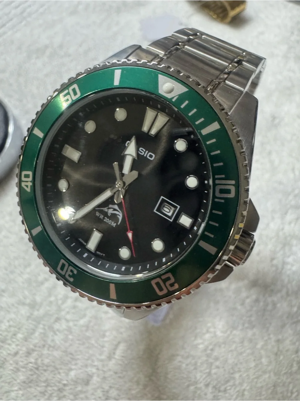 Casio Men's Green Bezel Black Dial Stainless Steel Watch